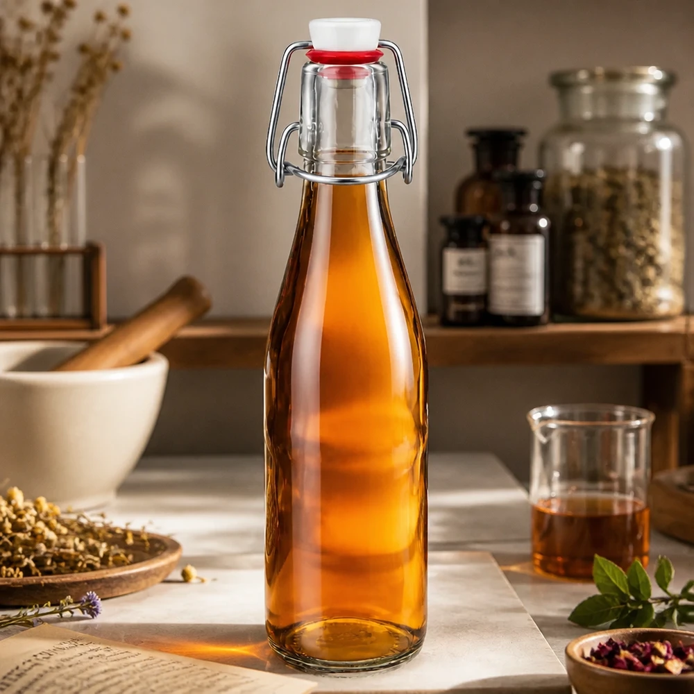 250ml glasflaska + svängbar topp porslin UNiTWIST 250 ml glasflaska med svängbart lock fylld med bärnstensfärgad vätska i rustikt kök med kryddor