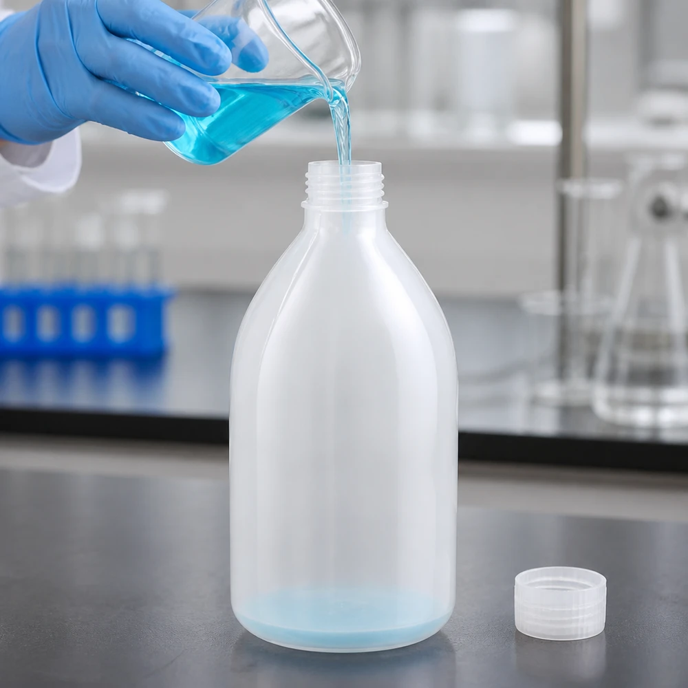 1000ml laboratorieflaska med smal hals utan lock En 1000 ml laboratorieflaska av HDPE med smal hals fylls med blå vätska från ett bägarglas