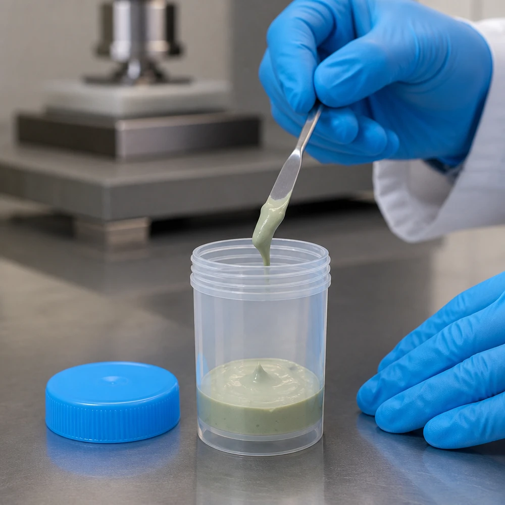 Den gröna, krämiga massan fylls med en metallspatel i en genomskinlig plastburk på 20 ml