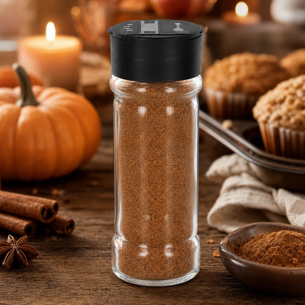 Salt- och kryddburk 100 ml med dubbel ströare, svart Kryddburk på 100 ml fylld med kanelpulver och en svart dubbelströare bredvid höstdekorationen