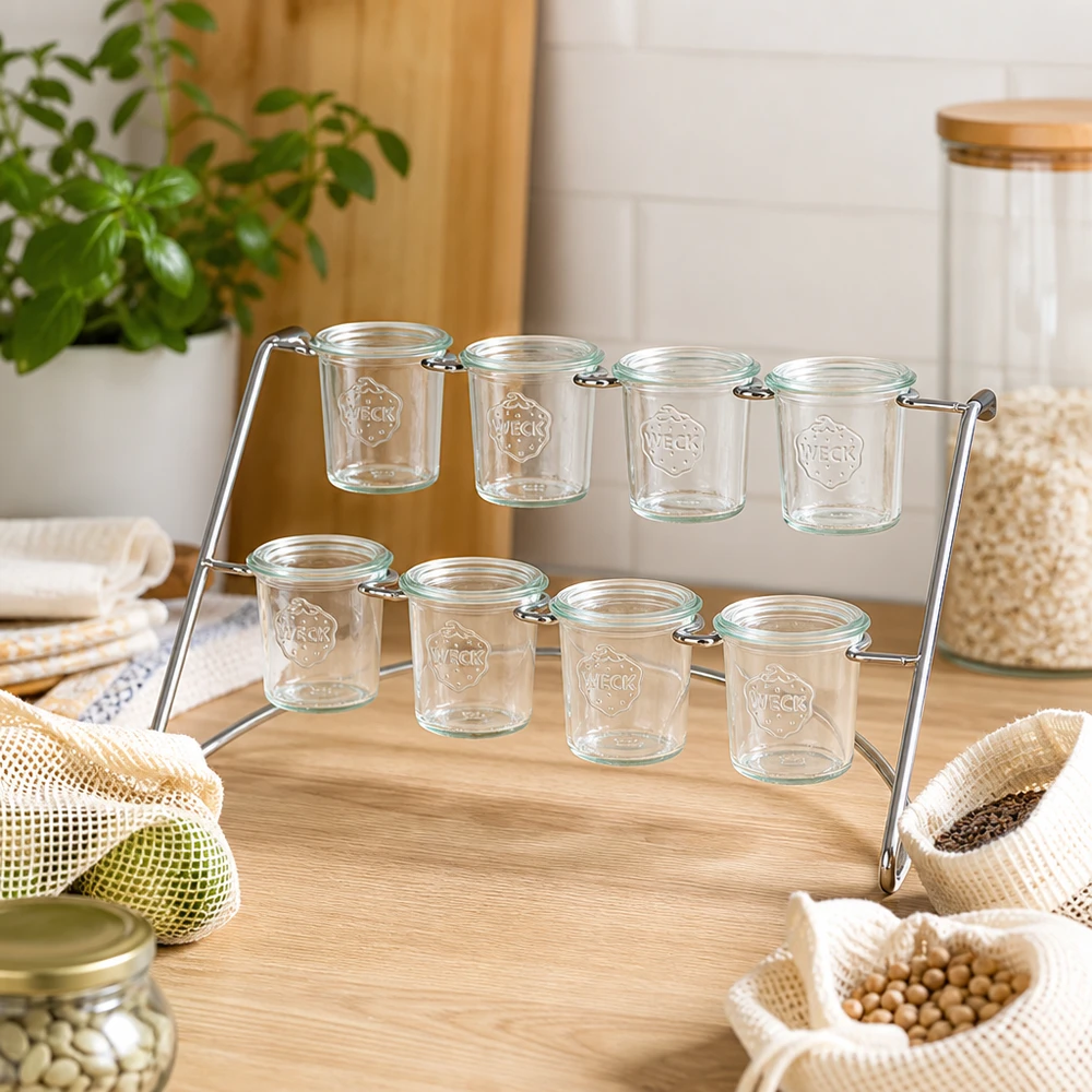 Flato8 serveringsställ med tomma WECK-glas i en naturlig köksmiljö med ekologiska produkter och hållbarhet