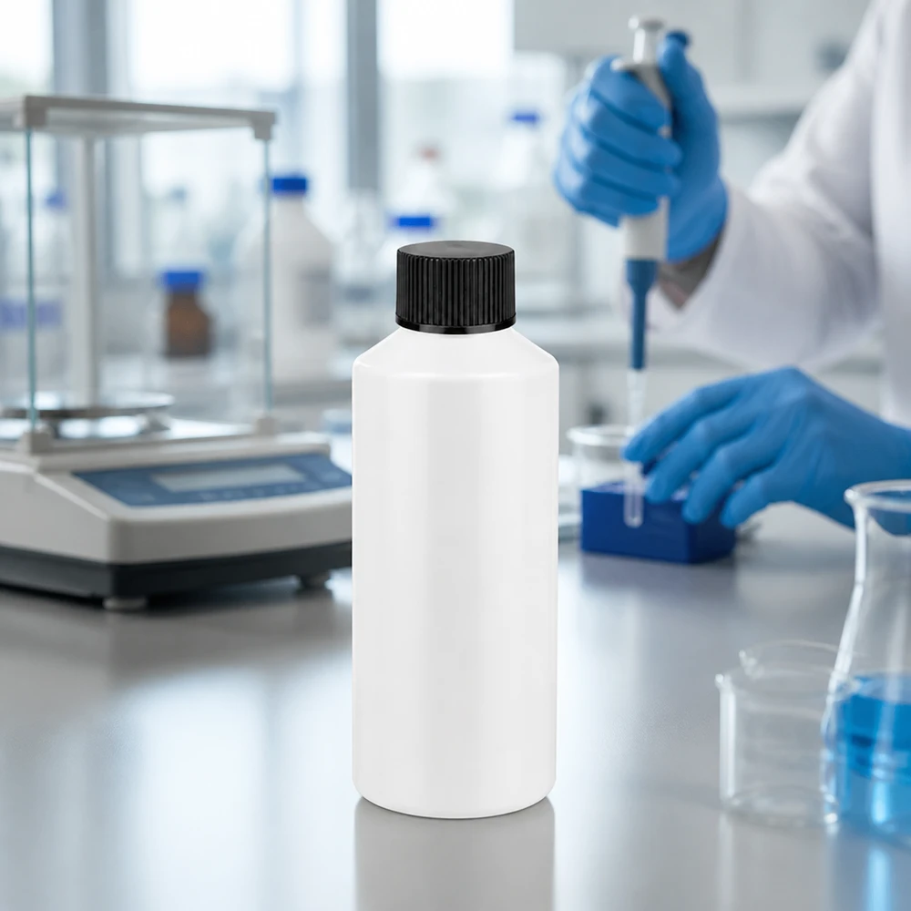 Apoteksflaska HDPE 100ml vit, med svart skruvlock Cylindrisk vit apoteksflaska på 100 ml av HDPE med svart lock på ett laboratoriebord