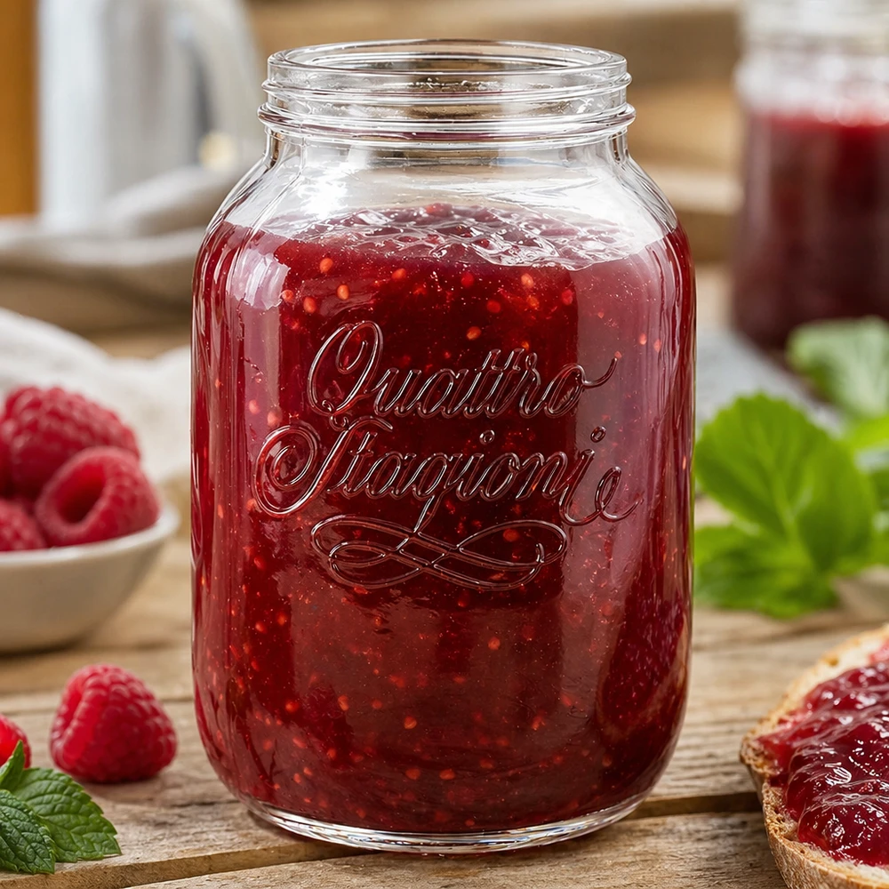 3000ml rund burk "Quattro Stagioni" QS110mm 3000 ml Quattro Stagioni hushållsburk fylld med röd sylt bredvid färska jordgubbar på träbord