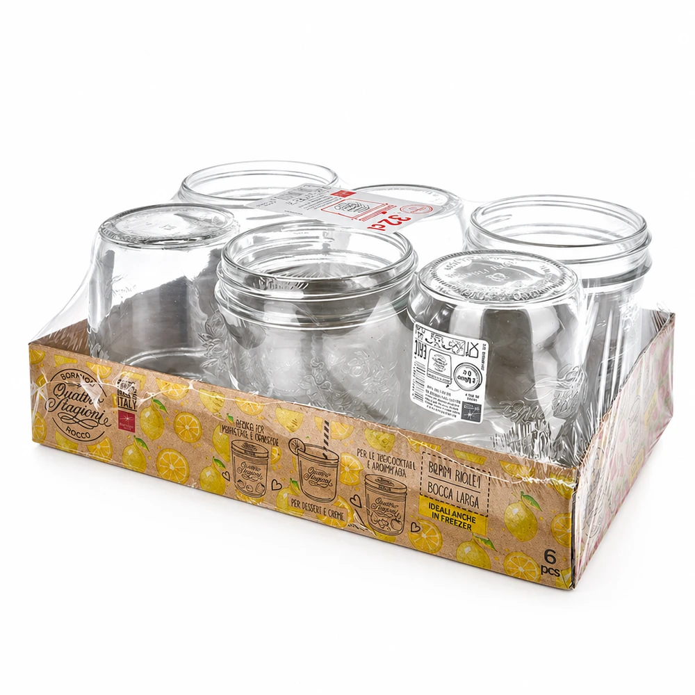 Set med 6 Quattro Stagioni-glas 320 ml med skruvlock i försäljningsförpackning för konservering och inläggning