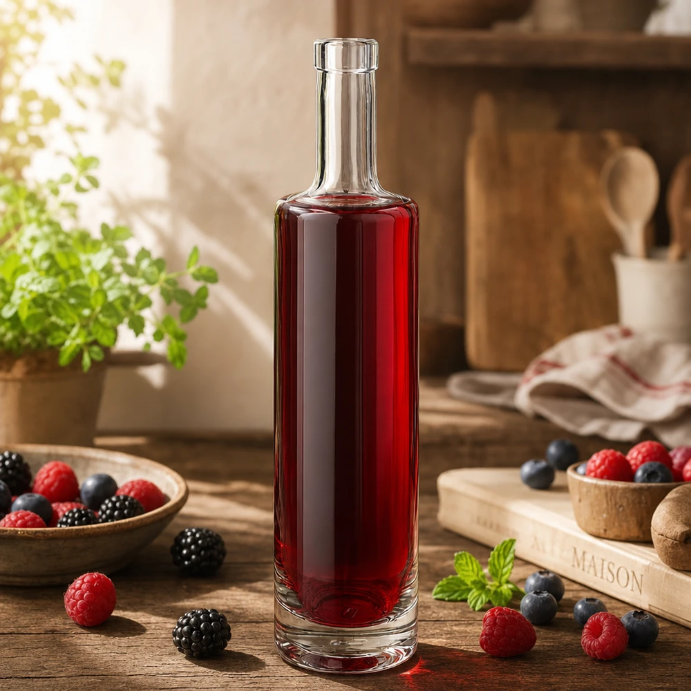 500 ml glasflaska Lina utan lock UNiTWIST® 500ml Glasflasche Lina mit rotem Beerensaft in rustikaler Küche umgeben von frischen Beeren und Holzaccessoires