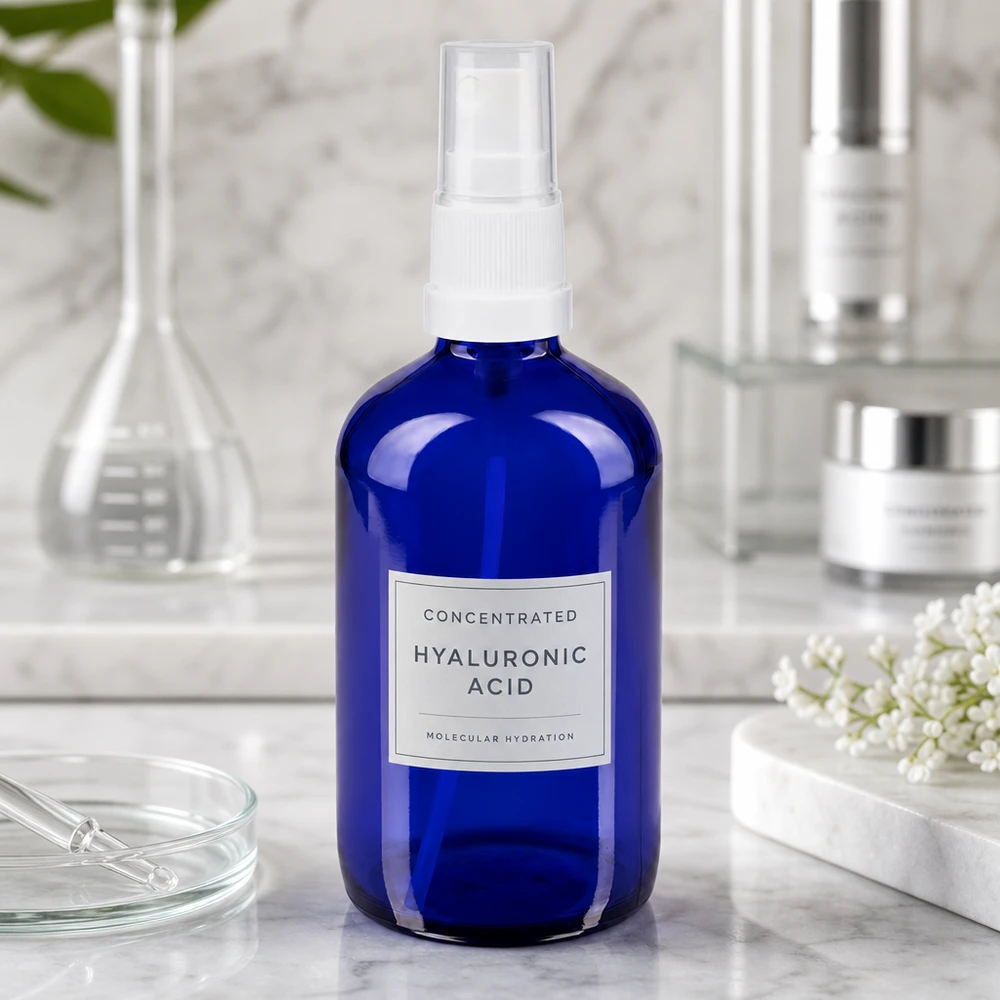 Apoteksflaska blå 100ml spray topp vit Blå 100 ml STD-sprayflaska med vit pump, fylld med hyaluronsyraserum, på marmorunderlag