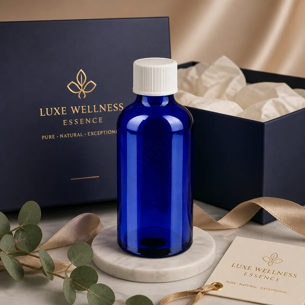 Elegant 50 ml apoteksflaska i djupblått med praktiskt vitt lock för hälsoprodukter