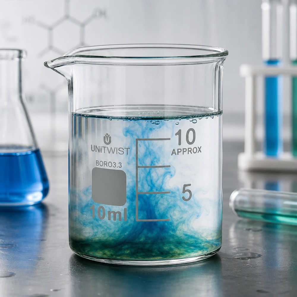 Bägare 10ml borosilikat, lågformad UNiTWIST UNiTWIST bägarglas 10 ml, borosilikatglas 3.3, låg profil med blågrön reaktion i laboratoriet