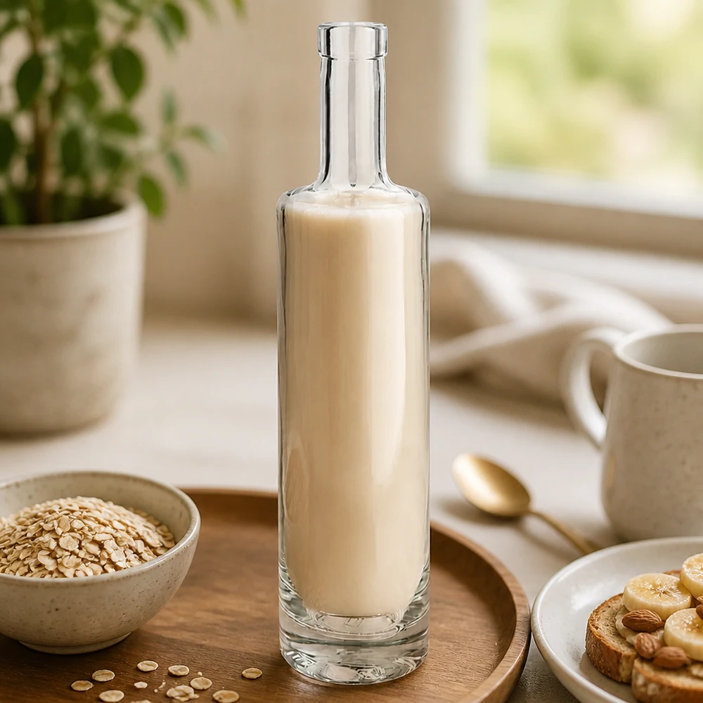500 ml glasflaska Lina utan lock UNiTWIST® 500 ml glasflaska Lina fylld med havremjölk i en stilren köksmiljö med havreflingor och frukostbild 3