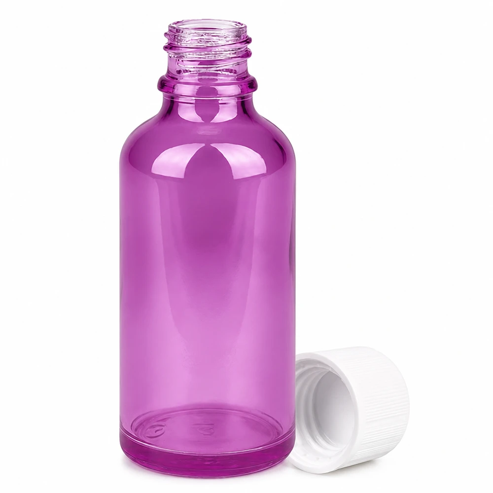 Lila 50 ml droppflaska med 11 mm öppning och barnsäkert lock för eteriska oljor