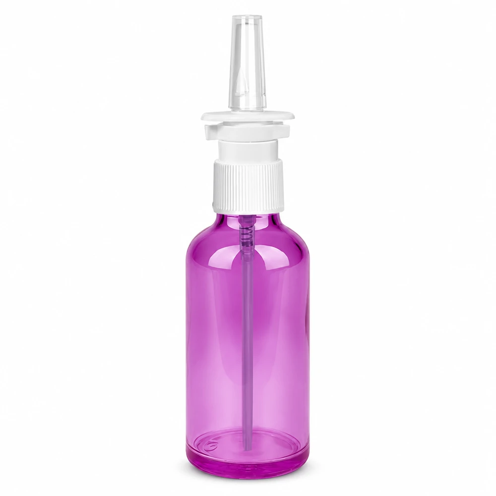 50 ml nässprayflaska i transparent lila med vitt pumpsprayhuvud för nasala applikationer
