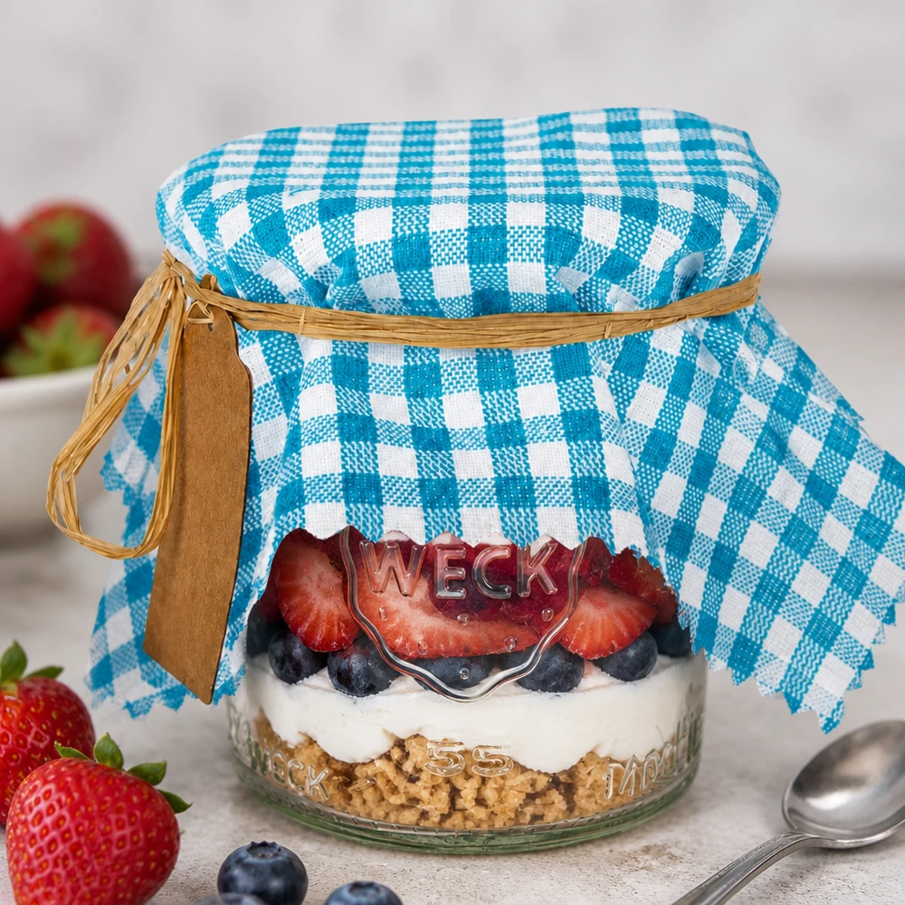 Smyckesunderlägg i tyg turkosrutigt 15cm kvadrat Türkis-kariertes Stoff Schmuckdeckchen auf Dessertglas mit Beeren-Schichtdessert und Raffiabast-Verschluss dekoriert