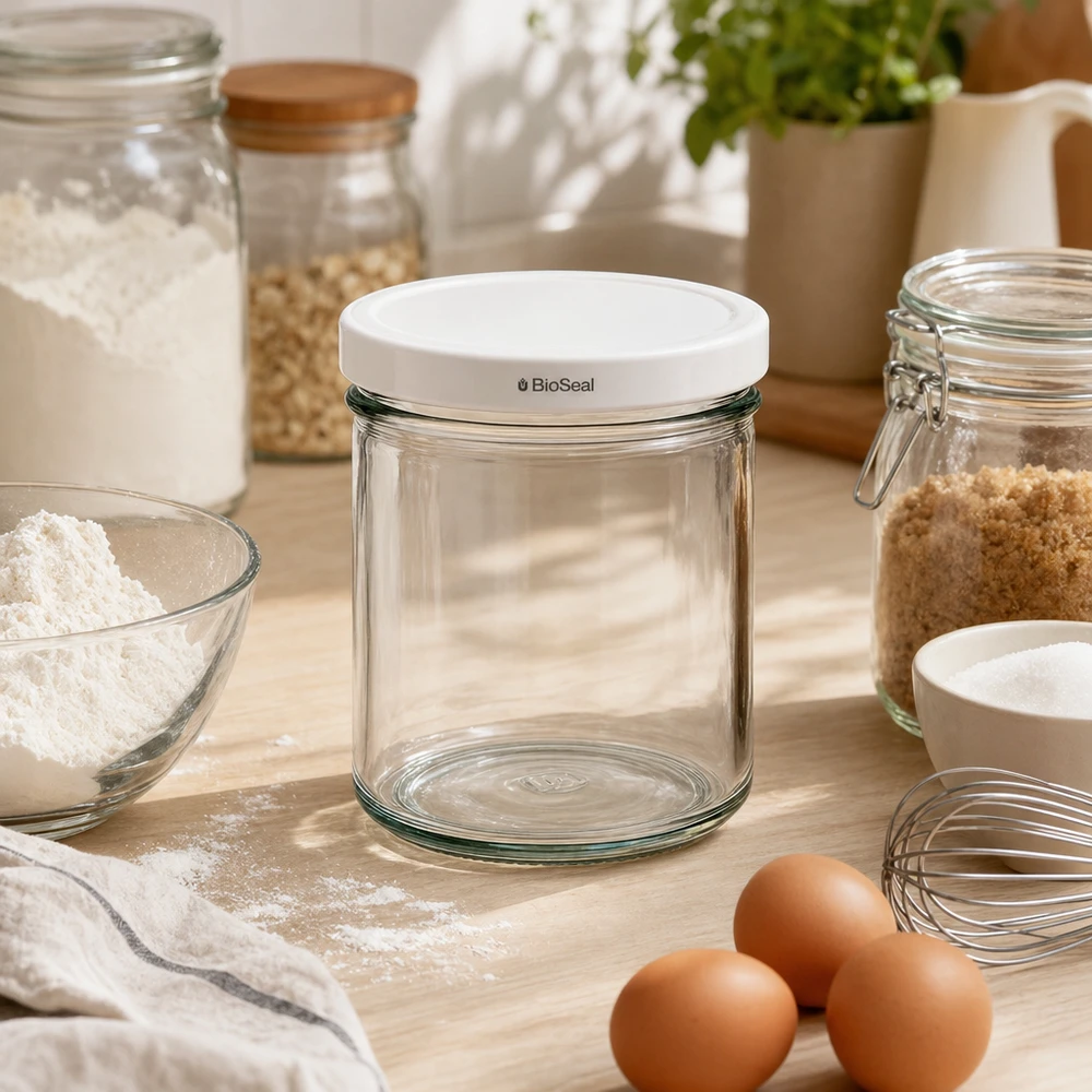 167 ml Krossade glasögon med vitt UNiTWIST BioSeal-lock UNiTWIST 167 ml tomma muggar kök scen bakning ingredienser ägg mjöl vit TO66 BioSeal lock matförvaring