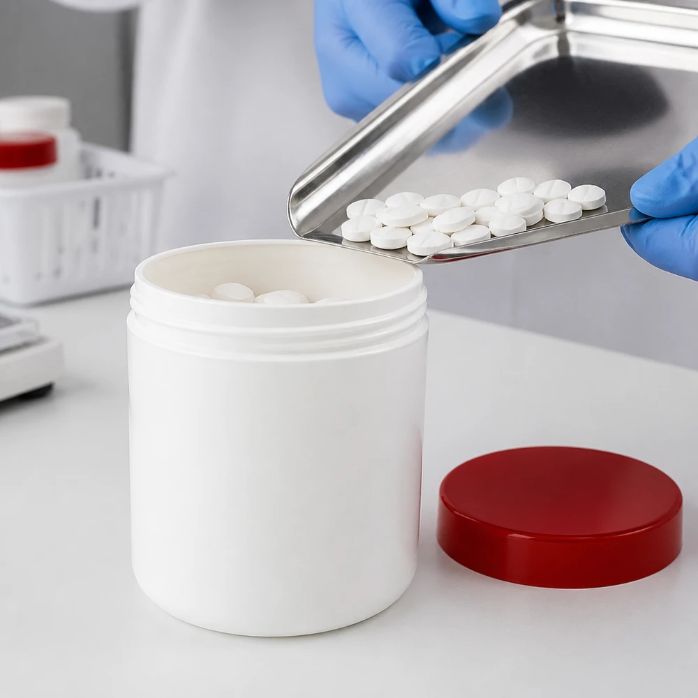 Salvburk 500g vit med rött skruvlock (polypropylen) Fyllning av tabletter enligt farmaceutiska krav i vita 500 g-salvburkar med rött PP-skruvlock