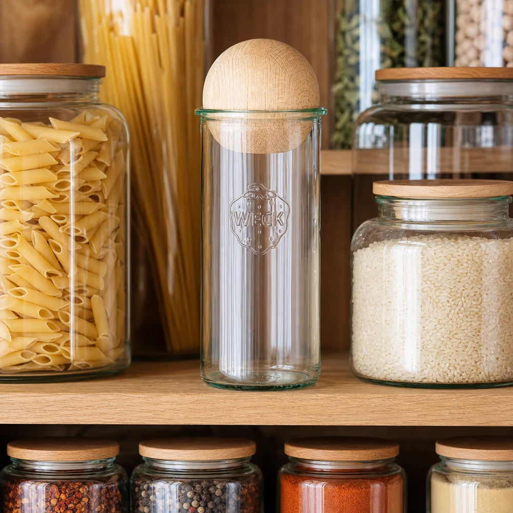 WECK RR100 dricksglas 1500 ml i skafferi bredvid pasta och ris, lock av bokträ med synlig kula