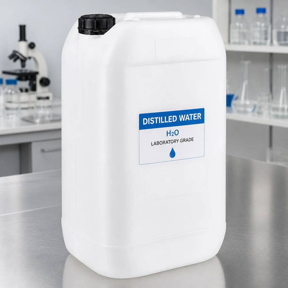 Laboratoriekanna på 15 liter fylld med destillerat vatten (H₂O) i en vit HDPE-behållare