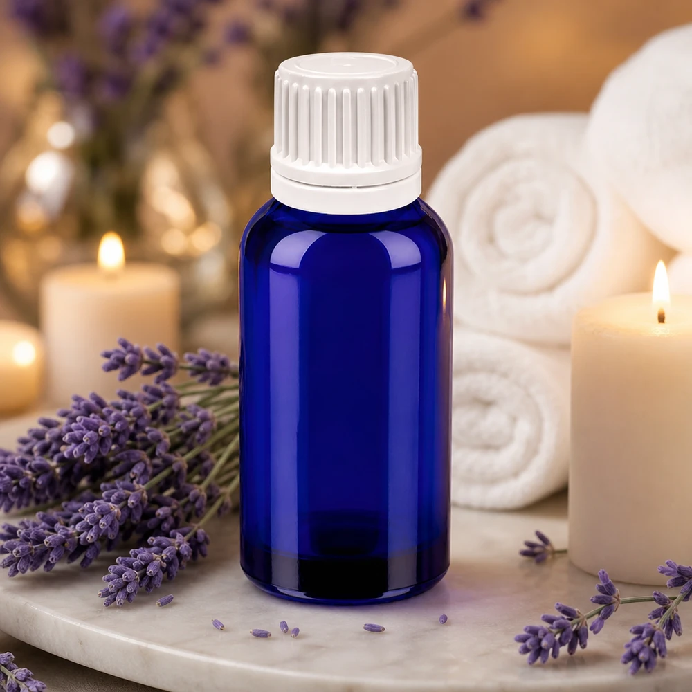 Elegant blå 30 ml glasflaska med vitt lock, perfekt för eteriska oljor och aromaterapi