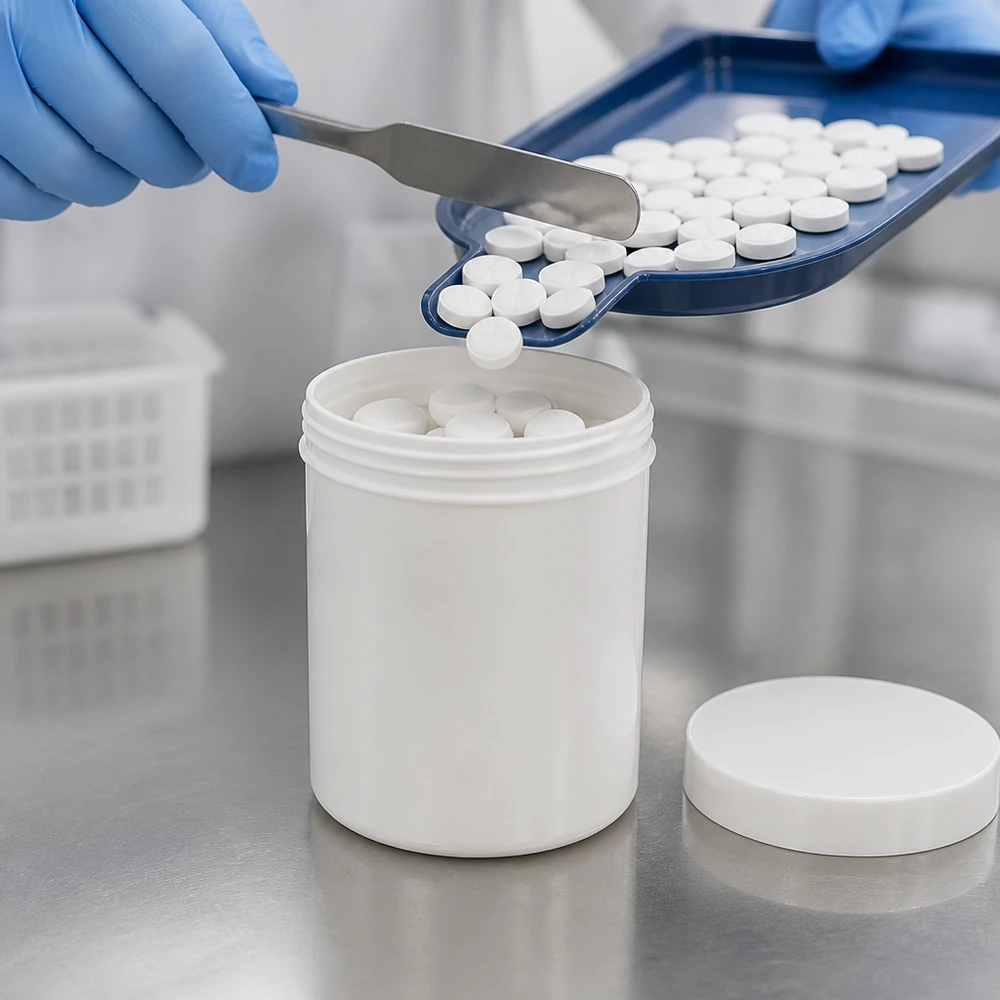 Salvburk 75g vit med vitt skruvlock (polypropylen) Läkemedelsutrustning fyller en 75 g PP-salvburk med vita tabletter i renrummet