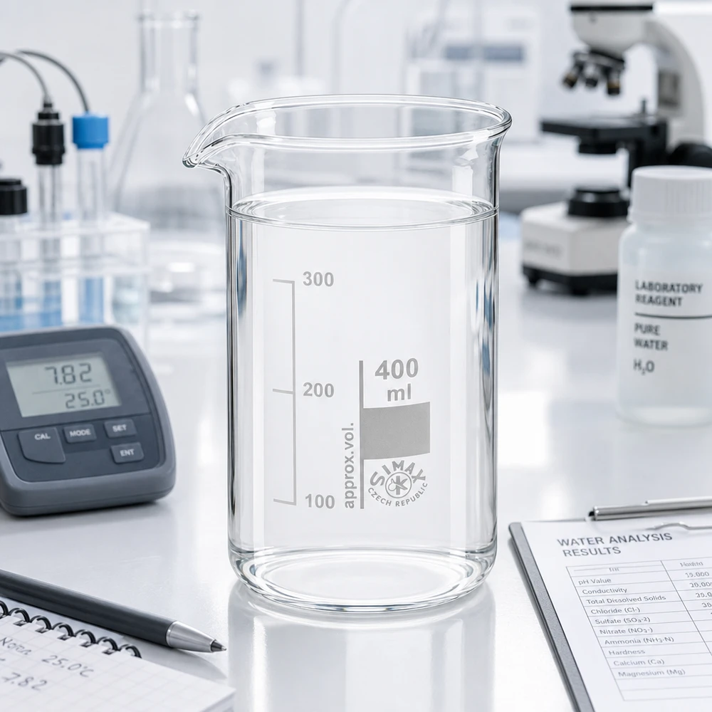 Genomskinligt bägarglas, 400 ml, hög form, med rent vatten och pH-mätare i laboratoriet