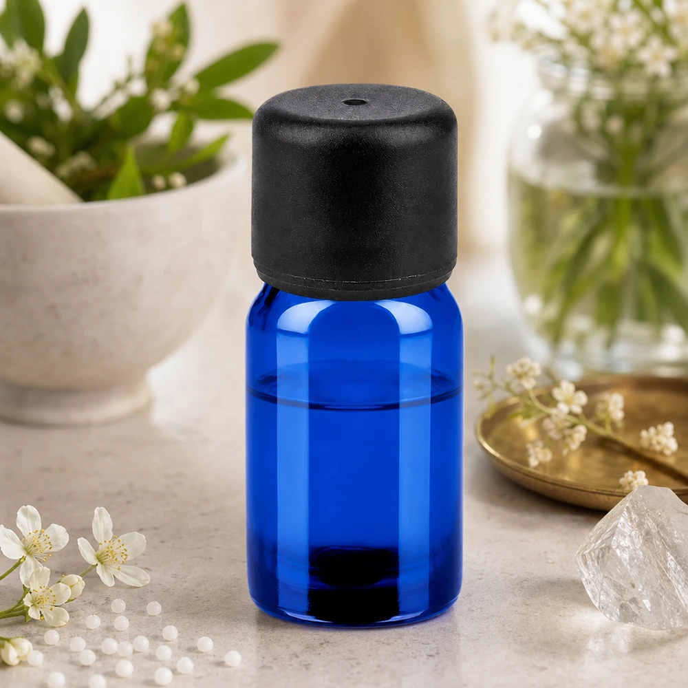 Högkvalitativ 5 ml apoteksflaska av blått glas med svart standardlock för essenser