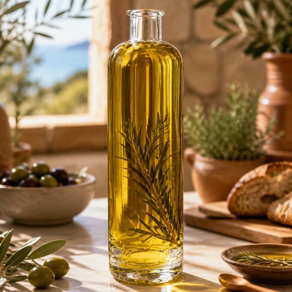 500 ml glasflaska Ella utan lock UNiTWIST® 500ml Glasflasche Ella mit Olivenöl und Rosmarin gefüllt in mediterraner Küche stylisches Infusion-Beispiel
