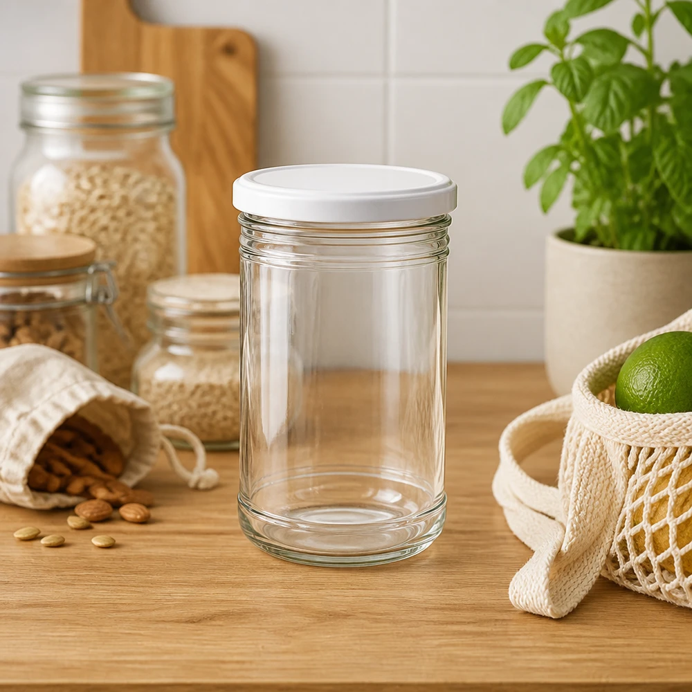 Tomma 1053 ml-glas på bänkskiva i trä i modernt kök med shoppingväska i nät och basilikaväxt Lifestyle