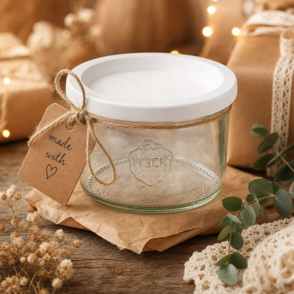 200ml Krossade glasögon med färskhetslock WECK RR80 WECK tumblers 200ml RR80 som gåva dekorerad med jutesnöre och Made with Love-tagg på ett träbord