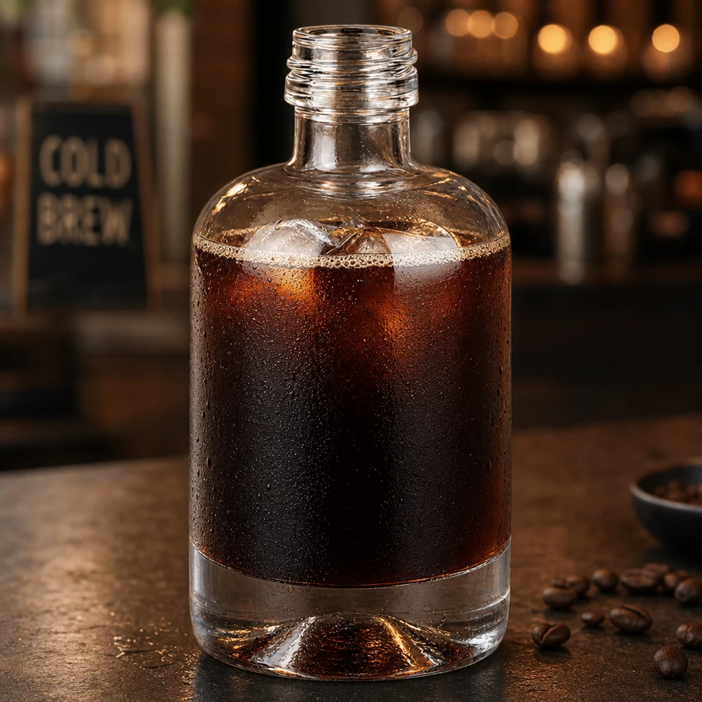 40 ml glasflaska Sara utan skruvlock UNiTWIST® 40 ml glasflaska Sara fylld med kallbryggt kaffe omgiven av kaffebönor i en caféatmosfär utan lock