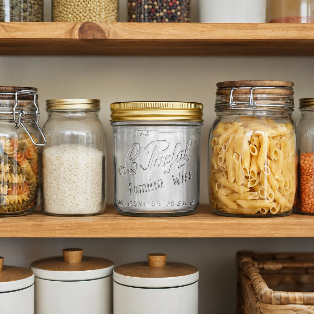 Familia Wiss 539 ml tumlare med guldlock i organiserat skafferi mellan pasta- och risburkar