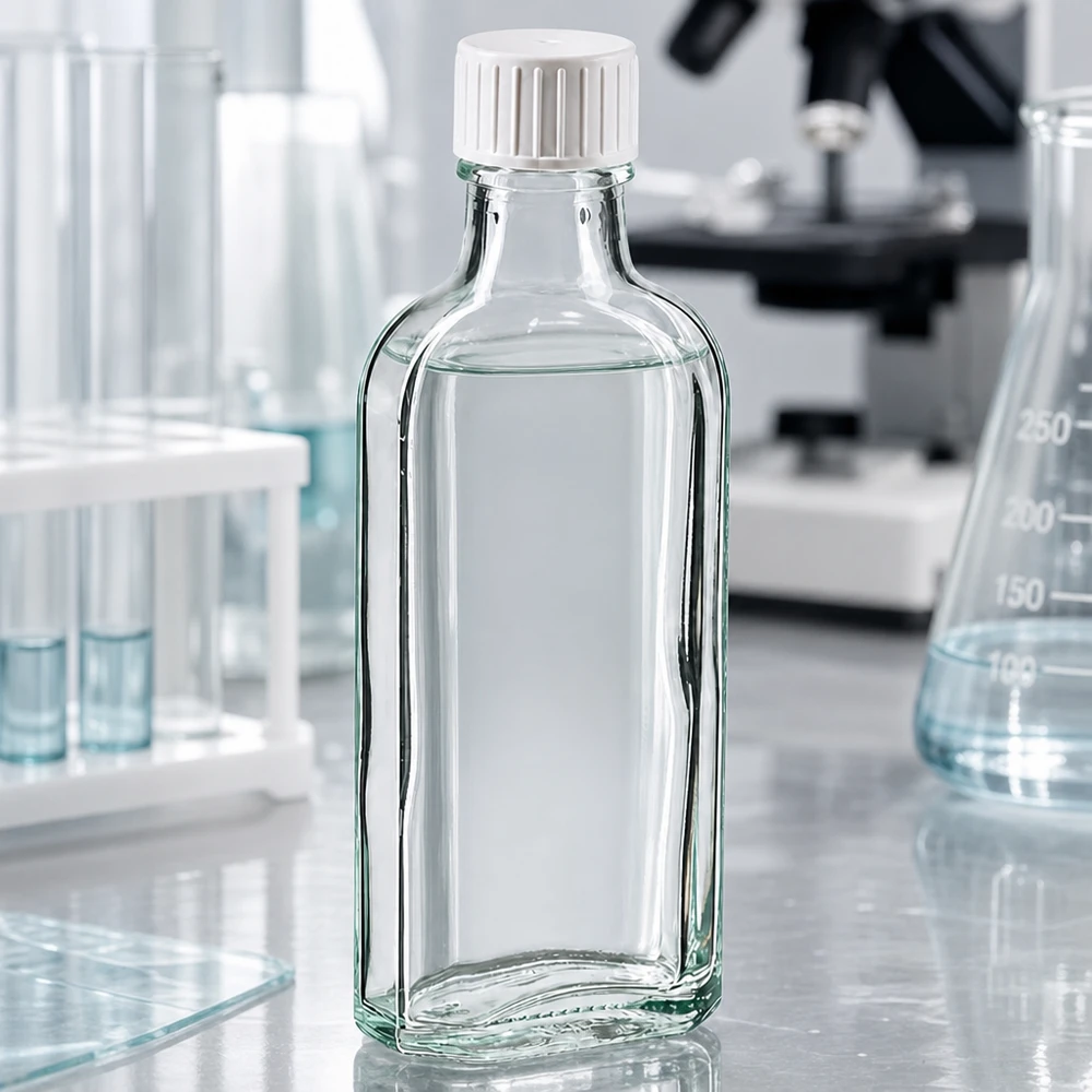 Platt 100 ml glasflaska i Meplat-form med vitt skruvlock och hällring för laboratoriemiljö