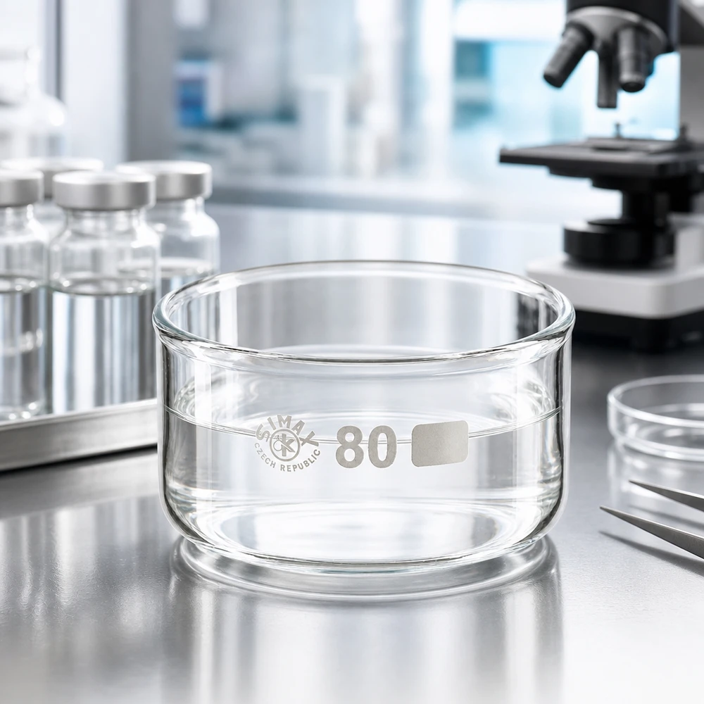 SIMAX-kristalliseringsskål 150 ml i ett modernt laboratorium bredvid ett mikroskop och glasflaskor med en diameter på 80 mm