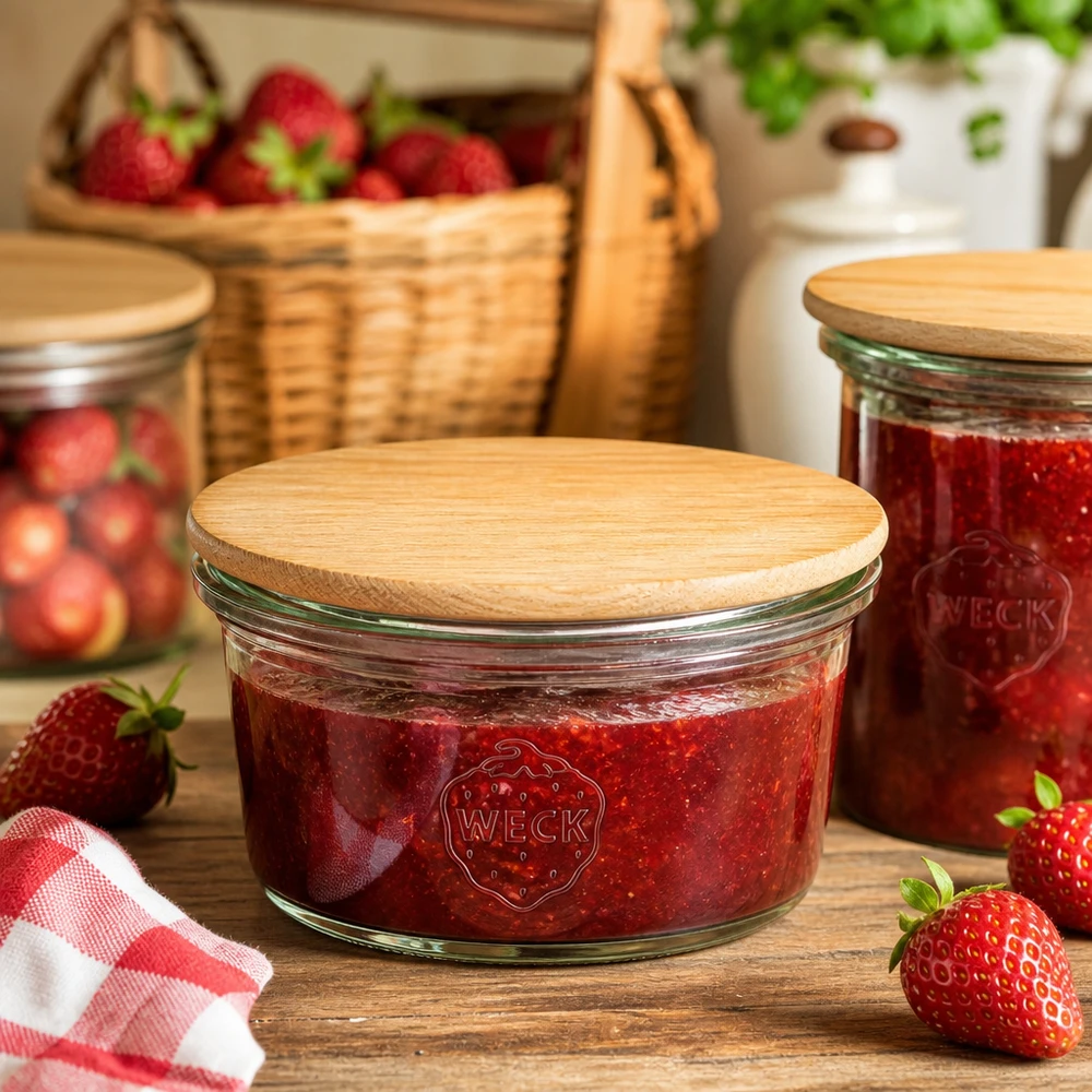 WECK mini mason jar 50ml fylld med jordgubbssylt och bambulock i rustikt kök med färska jordgubbar
