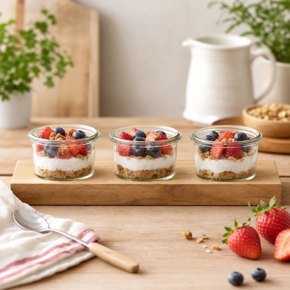 Serveringsbricka Plano3 med 3 Weck-burkar à 80 ml Serveringsbräda i trä Plano3 med Weck-muggar 80 ml som yoghurtparfait med bär och granola i ett ljust kök