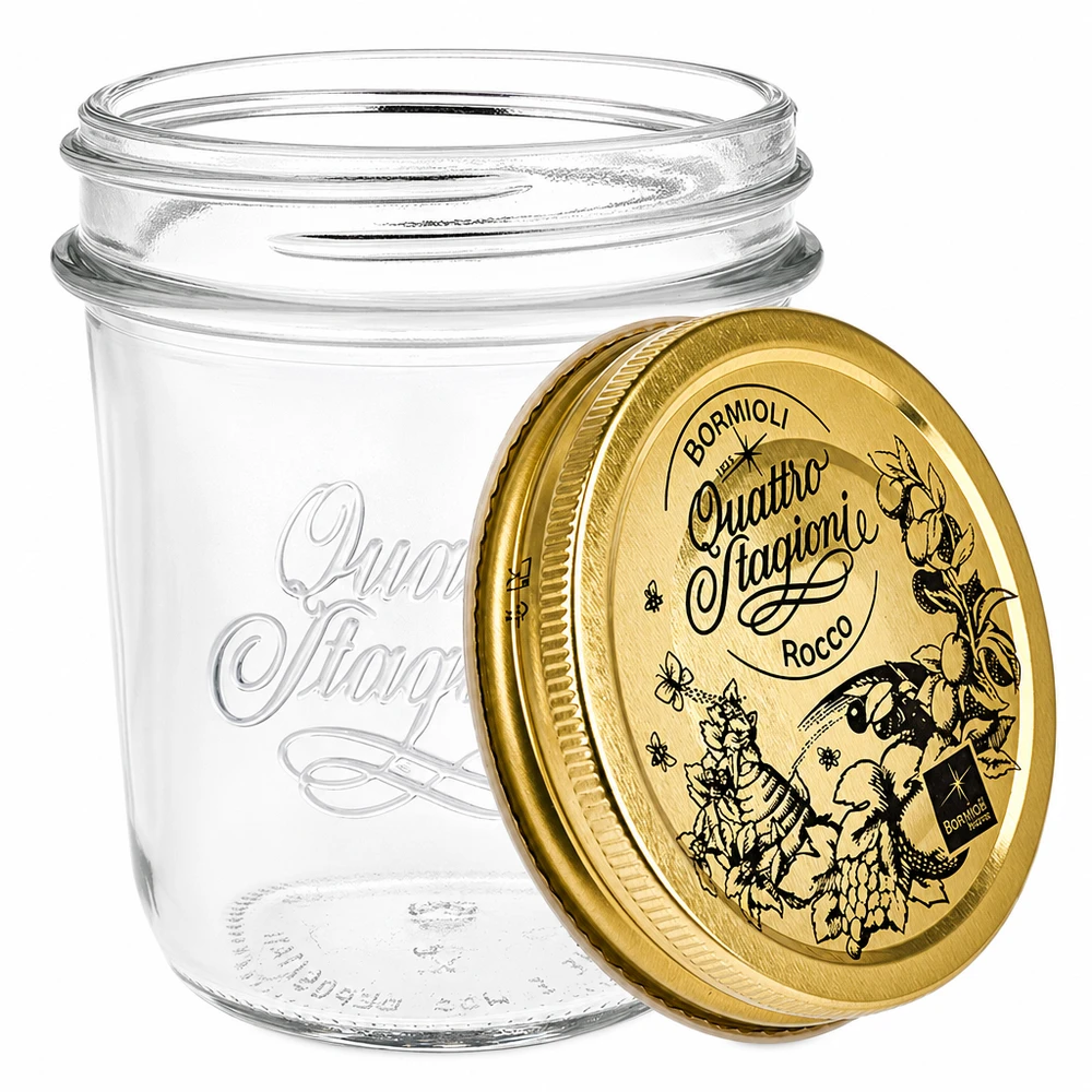 Bormioli Rocco Quattro Stagioni 320ml konserveringsburk öppnad med avtagbart guldlock och örtmotiv