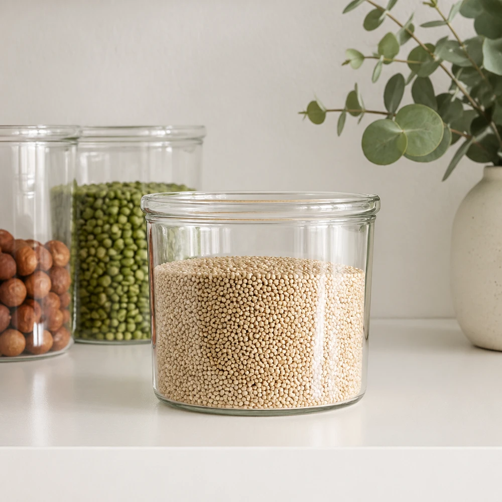 WECK 35ml RR40 förvaringsburk fylld med quinoa tillsammans med andra förvaringsburkar med baljväxter i det moderna köket