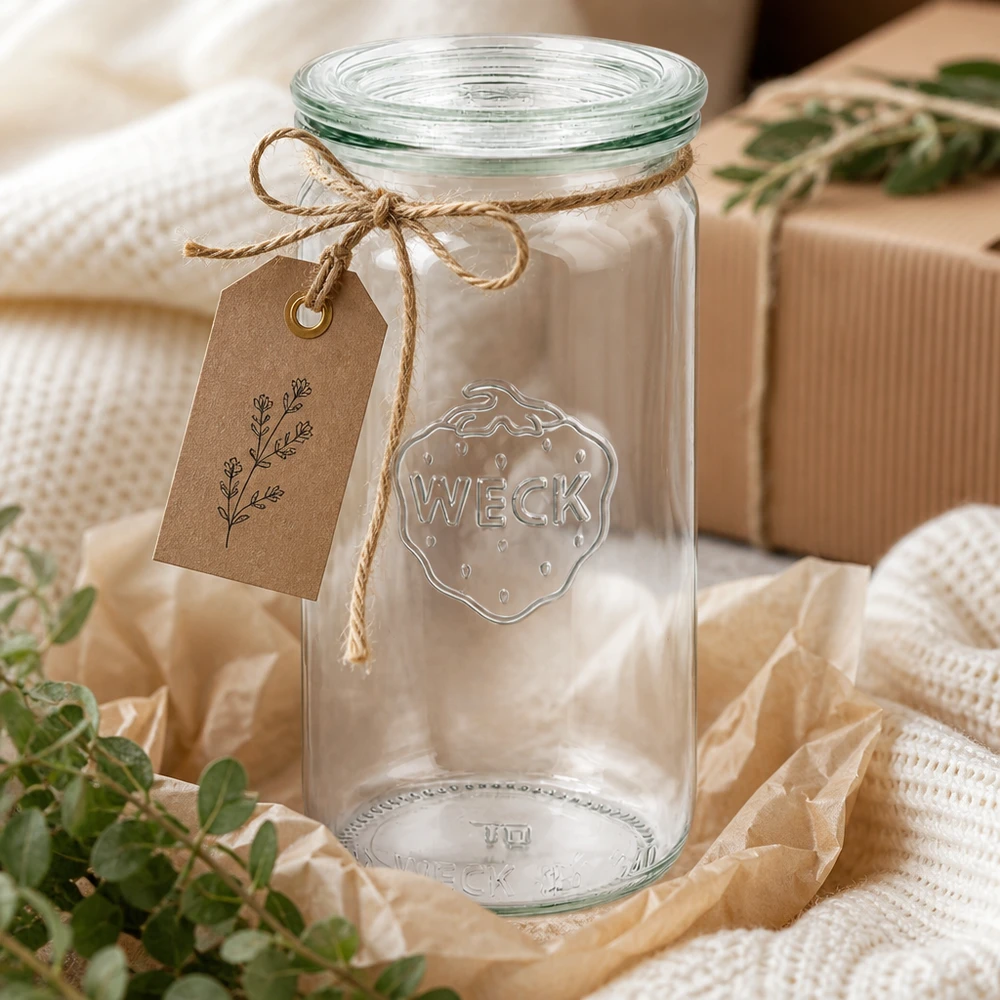 WECK 340ml cylinderburk RR60 dekorativ med jutesnöre och etikett som presentförpackning på beige textil