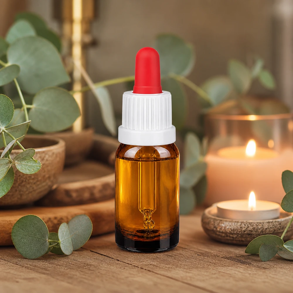 10 ml pipettflaska vit/röd med säkerhetsförslutning BrownLine UT18/10 Liten 10 ml pipettflaska i bärnstensfärgat glas med praktiskt dropplock för kosmetika