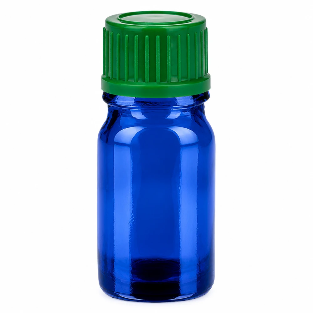 5 ml flaska 11mm skruvkork grön standard BlueLine UT18/5 5ml blå glasflaska med grönt skruvlock 11mm SV STD BlueLine UT18/5