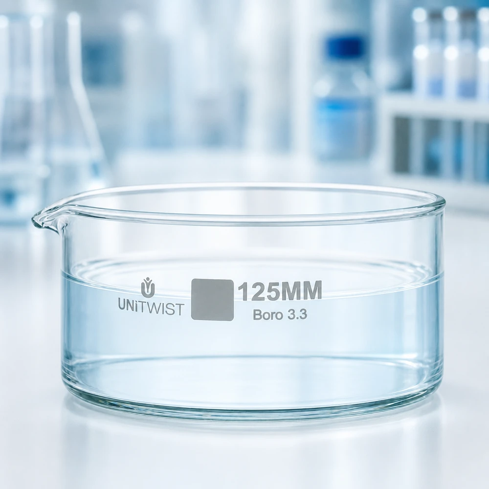Tom kristalliseringsskål 125 mm UNiTWIST borosilikatglas Boro 3.3, platt utformning, för laboratoriebruk