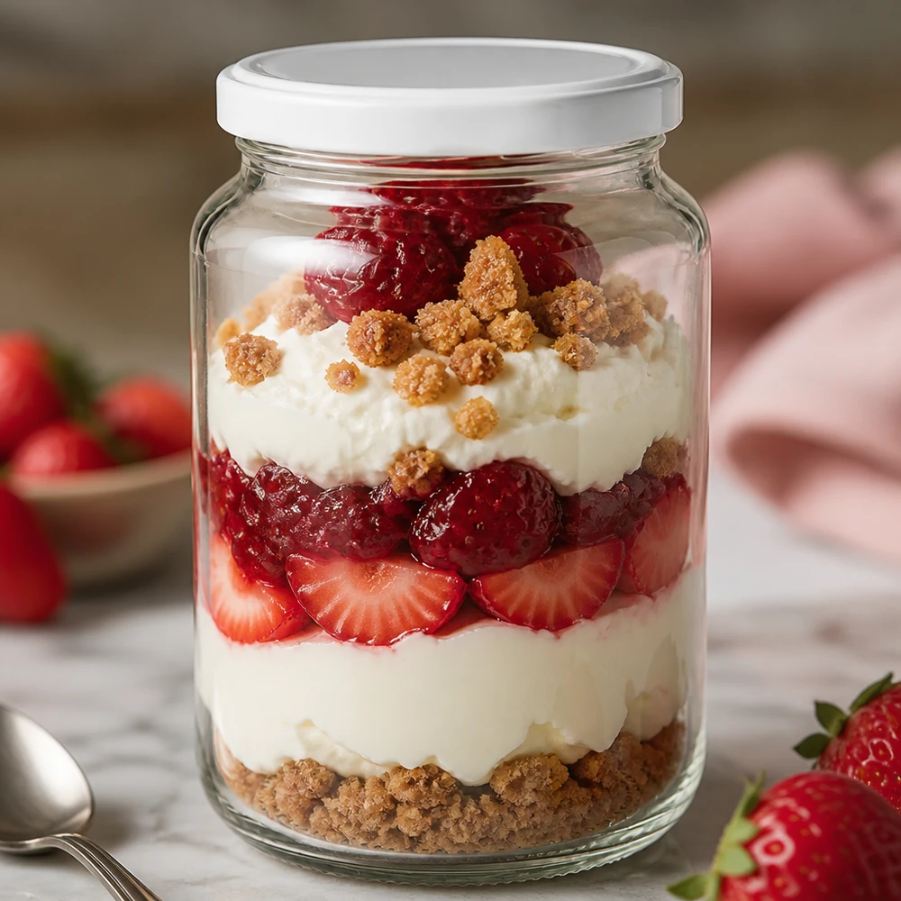 382 ml UNiTWIST runt glas med vitt BasicSeal-lock som dessertglas med jordgubbar och grädde i lager