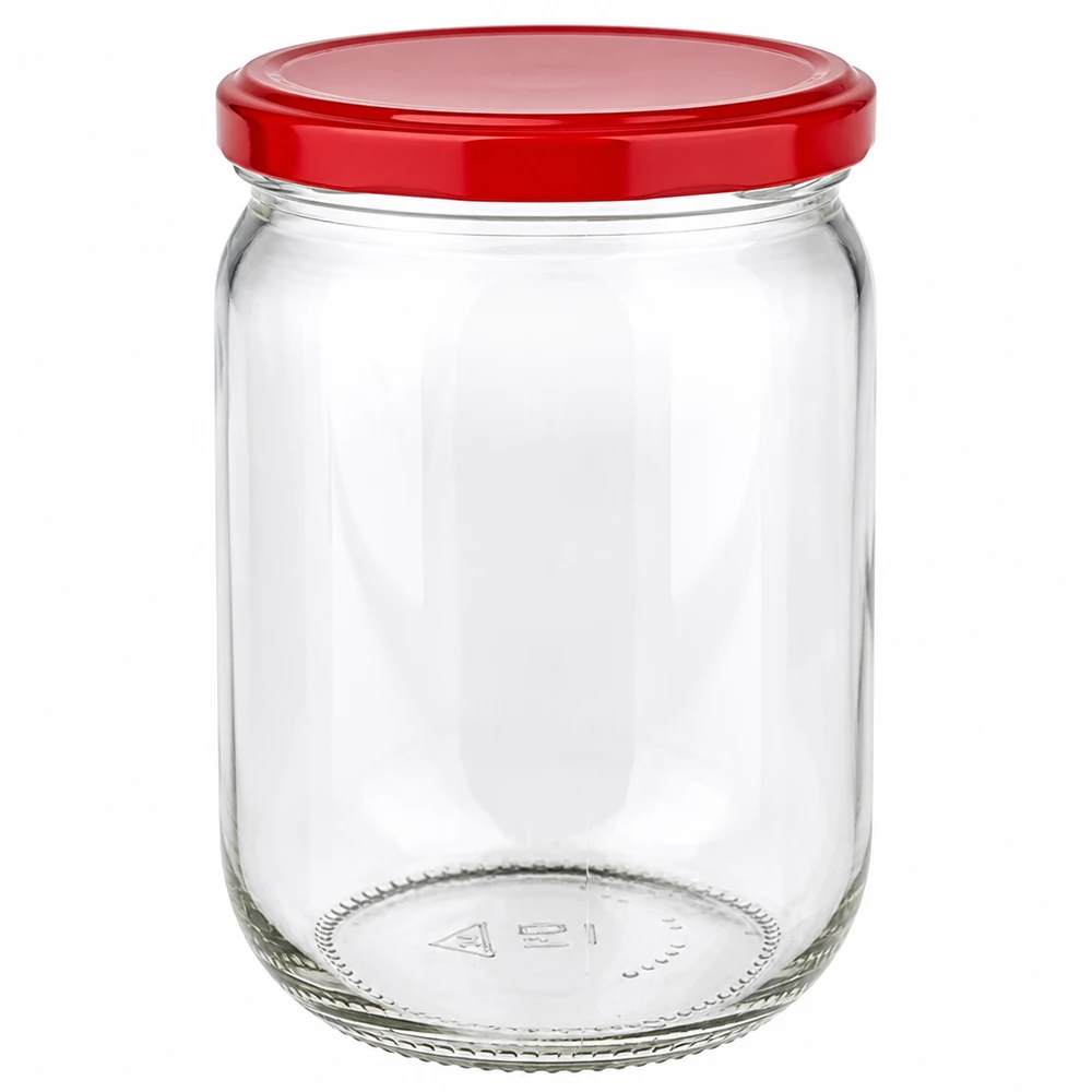 555 ml rund glasburk med rött BasicSeal-lock i klart glas för konservering och förvaring