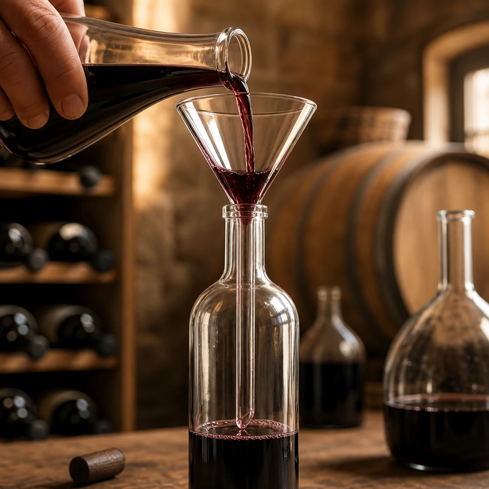 Precisionstratt i glas med 55 mm diameter för ren dekantering i vinflaskor och karaffer