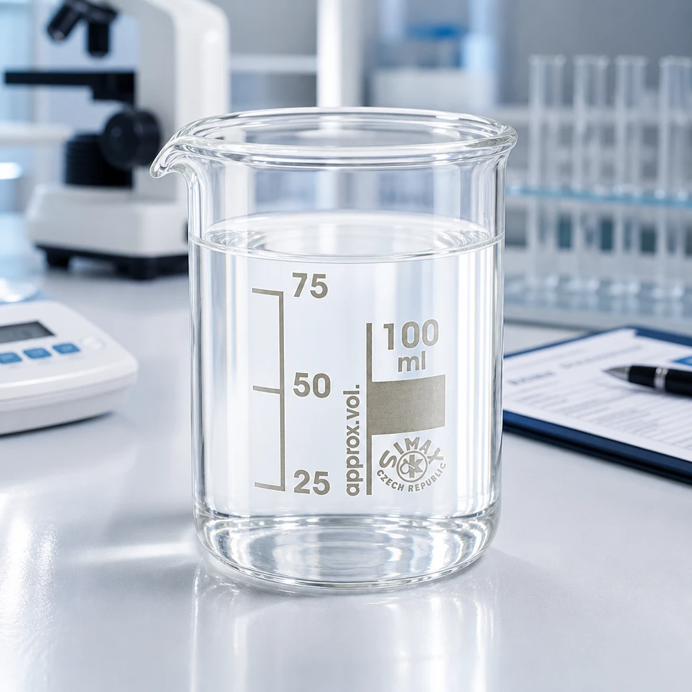 Transparent bägare 100 ml av borosilikatglas med exakt volymskala för laboratoriebruk