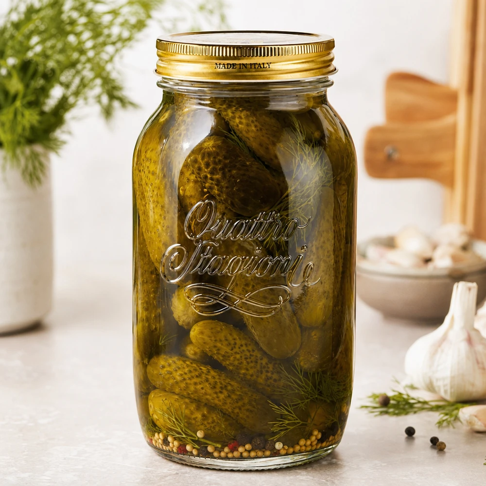 1500ml rund glasflaska "Quattro Stagioni" med lock Quattro Stagioni 1500ml Einmachglas gefüllt mit eingelegten Gurken und Dill zeigt praktische Verwendung als Konservengla
