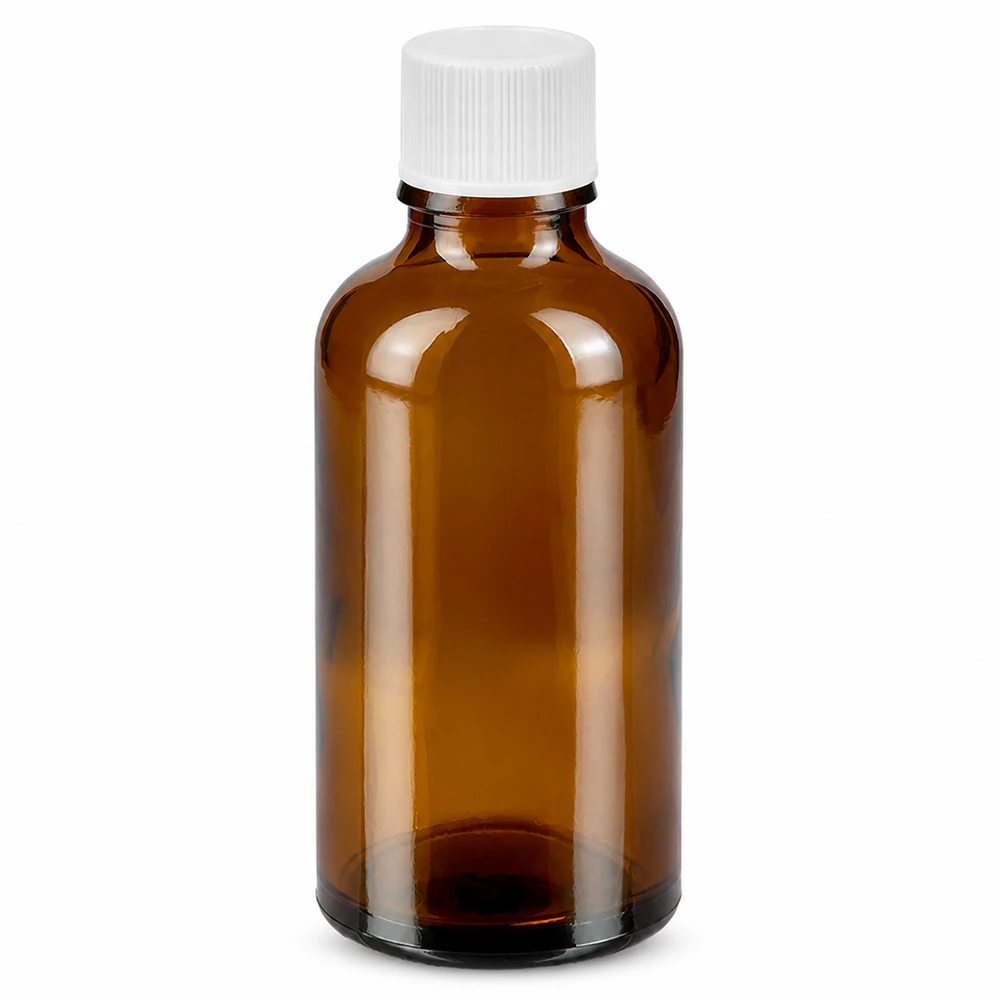 50 ml brun glasflaska med vitt skruvlock för läkemedel och eteriska oljor