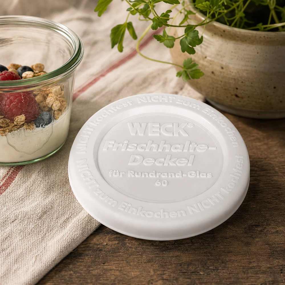 WECK Lock för förvaring av färskvaror RR60 WECK färskhållningslock RR60 vitt plastlock på träbord bredvid yoghurt med bär naturlig köksdekoration