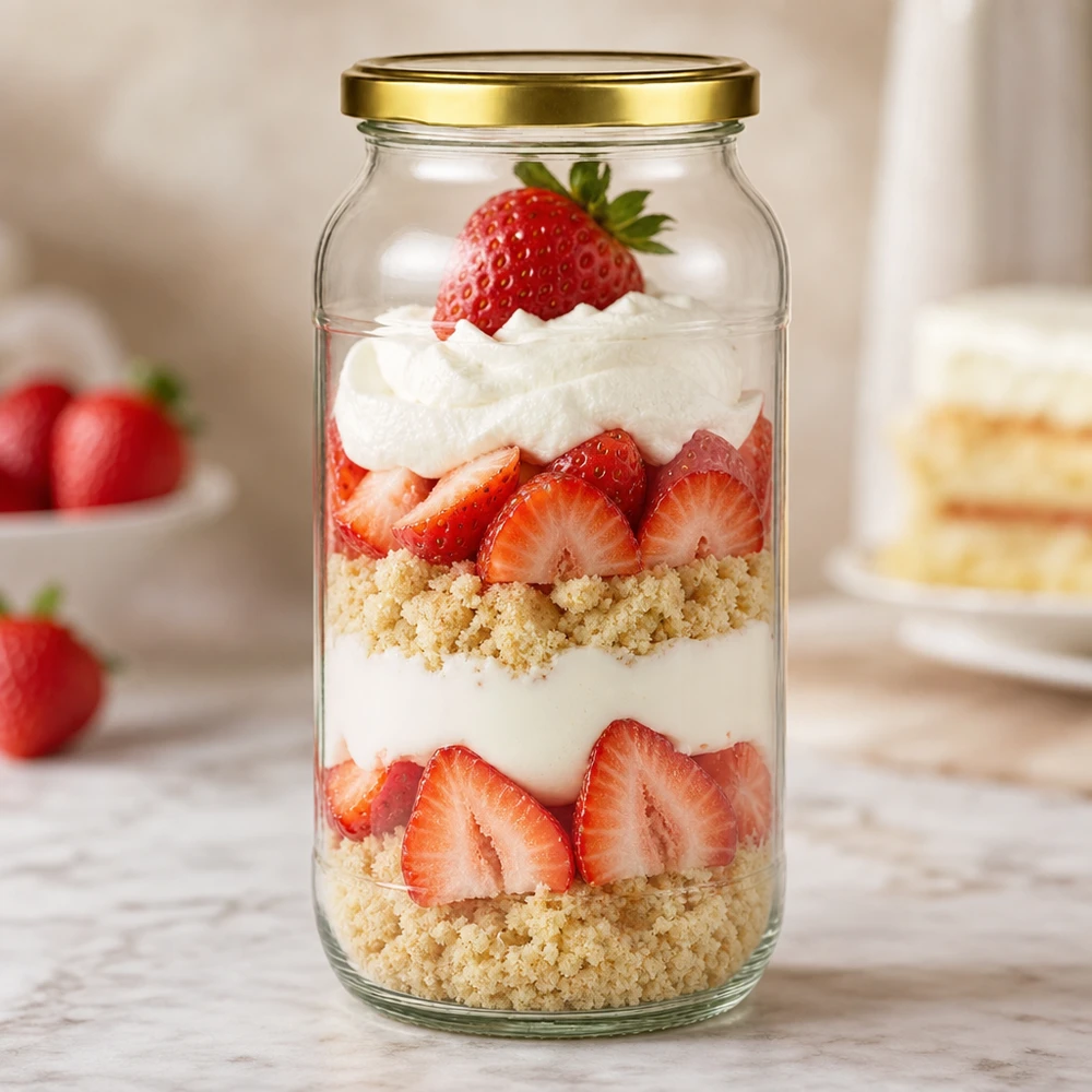 1062ml runt glas med BasicSeal-lock guld UNiTWIST 1062ml rund burk med gyllene BasicSeal-lock som dessertburk för jordgubbs- och gräddlagrad dessert med strössel