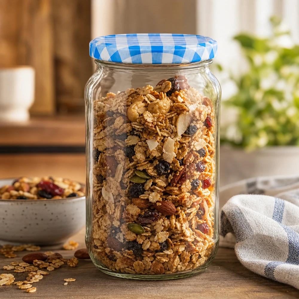 1062 ml rund burk fylld med müsli och nötter, BasicSeal-lock i blått och vitt, perfekt för förvaring av flingor