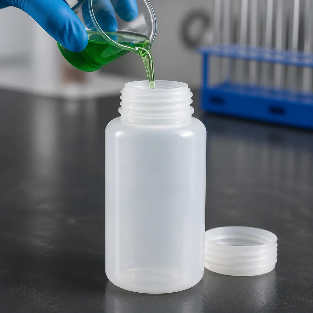 Den gröna kemikalien hälls i en 1000 ml bredhalsad laboratorieflaska av plast utan lock