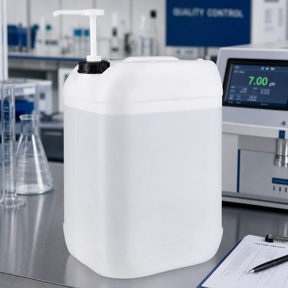 Dunk 25 liter med doseringspump Genomskinlig 25-litersdunk med doseringspump för exakt vätskeuttag i laboratoriet